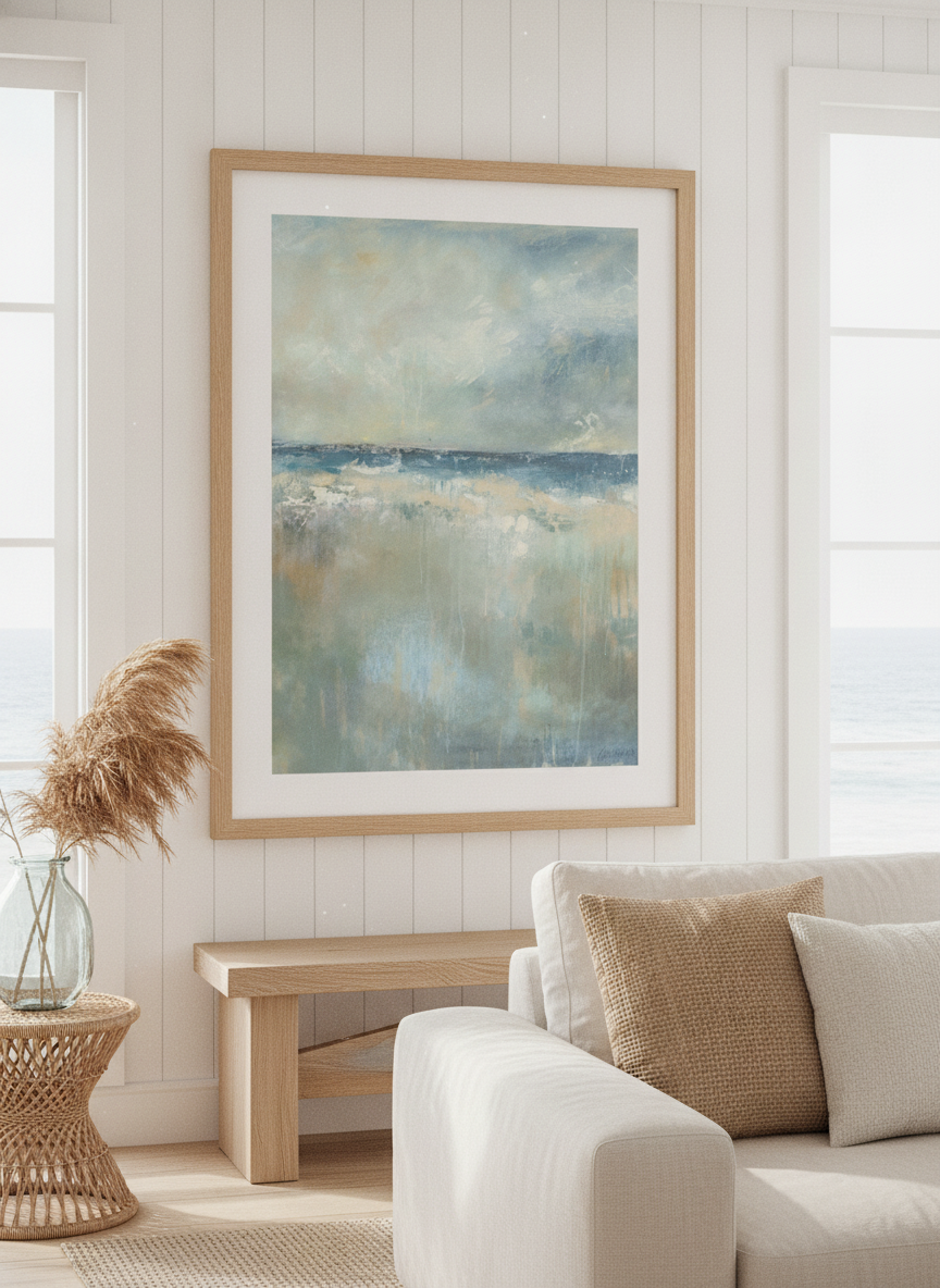 Neutral wall art displayed in a sunny coastal beach house