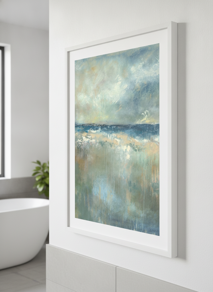 Modern print displayed in a clean minimalist bathroom setting