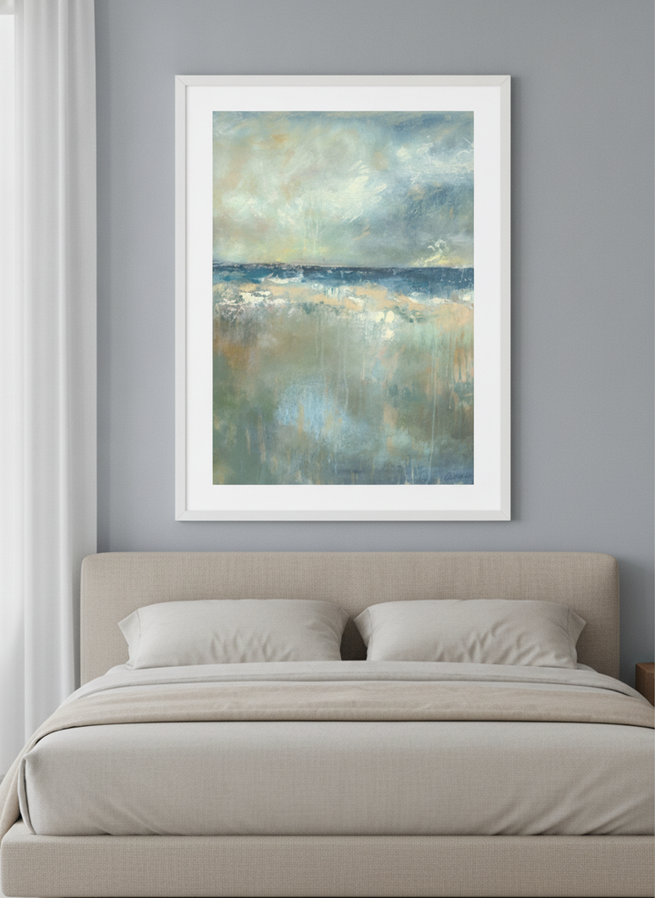 Minimalist artwork displayed in a calm, light-filled bedroom interior