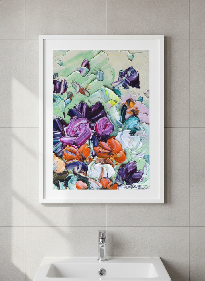 Modern print displayed in a clean minimalist bathroom setting