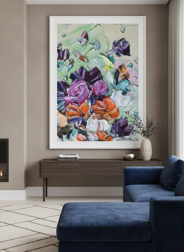 Monumental artwork centred on a feature wall in a luxe interior