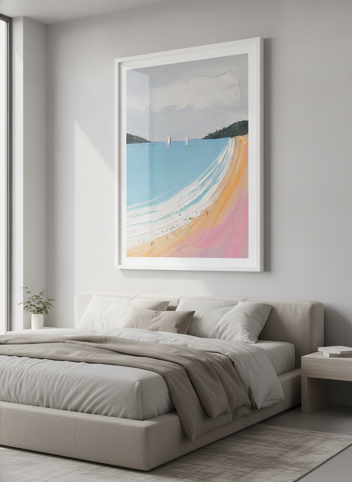 Minimalist artwork displayed in a calm, light-filled bedroom interior
