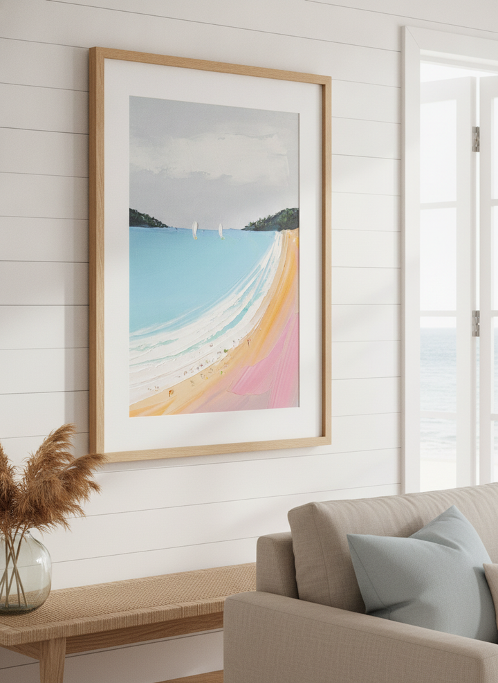 Neutral wall art displayed in a sunny coastal beach house