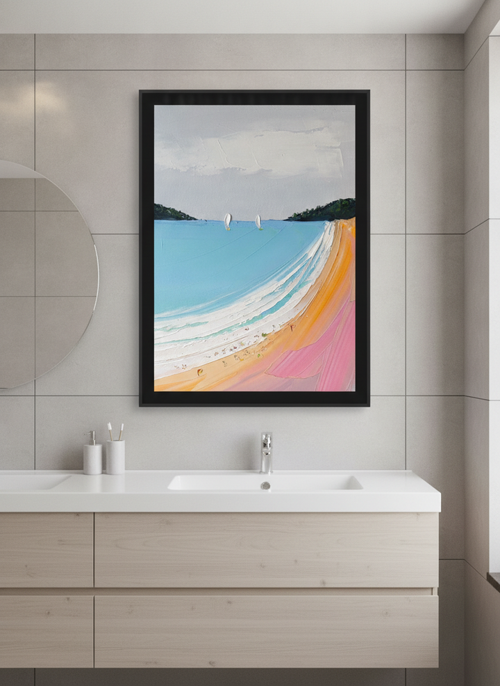 Modern print displayed in a clean minimalist bathroom setting