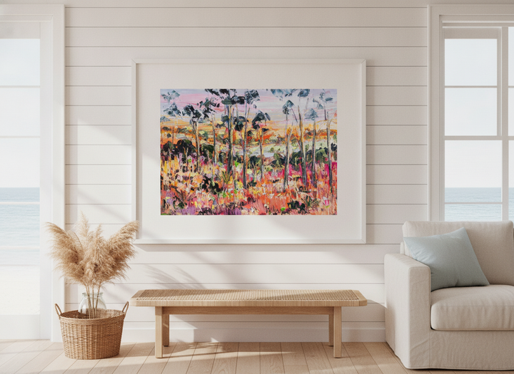Neutral wall art displayed in a sunny coastal beach house