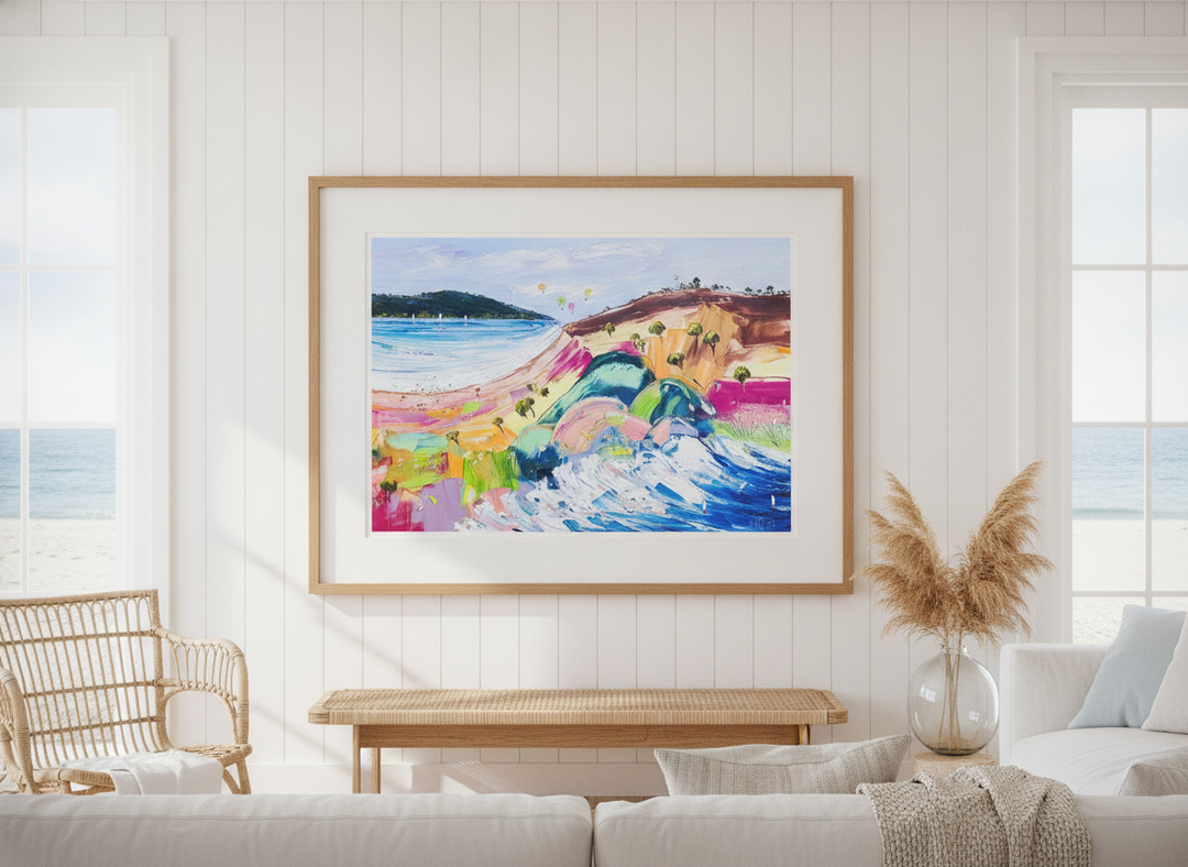 Neutral wall art displayed in a sunny coastal beach house