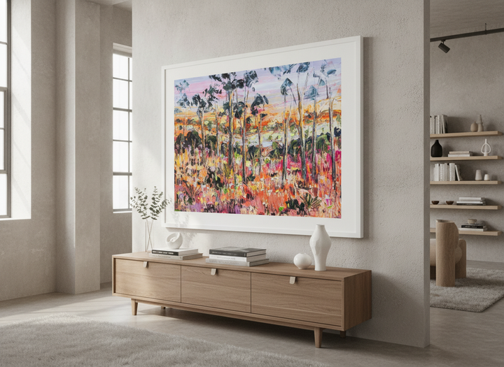Monumental artwork centred on a feature wall in a luxe interior