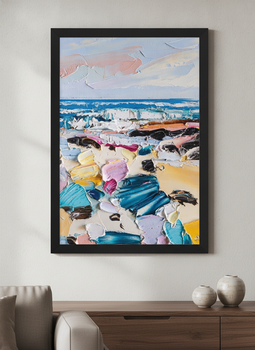 Modern wall art styled above a sofa in a neutral living room