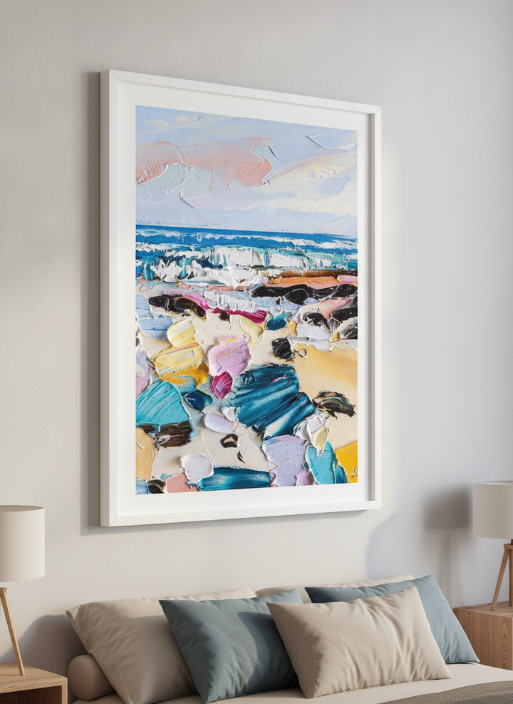 Minimalist artwork displayed in a calm, light-filled bedroom interior