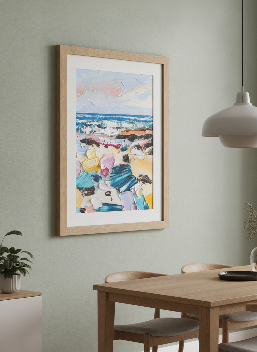 Wall art styled above a dining table in a contemporary home
