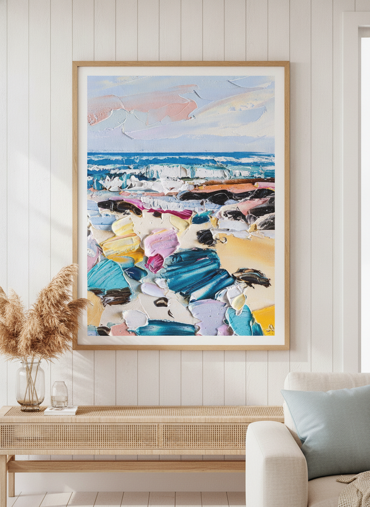 Neutral wall art displayed in a sunny coastal beach house