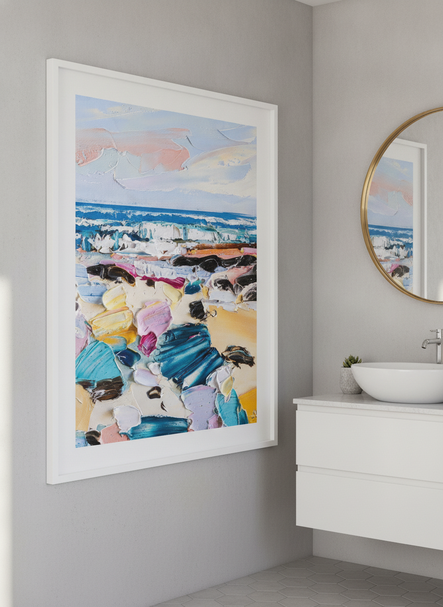 Modern print displayed in a clean minimalist bathroom setting
