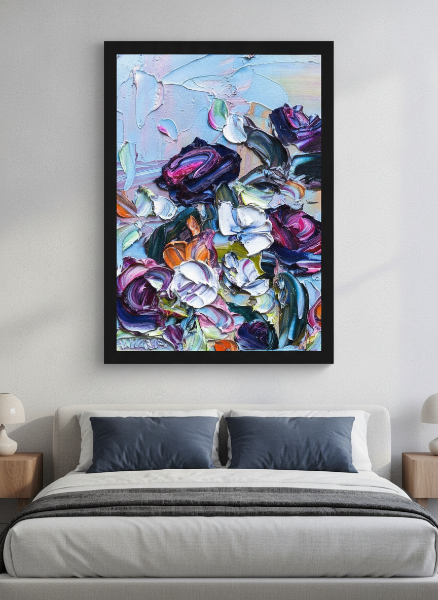 Minimalist artwork displayed in a calm, light-filled bedroom interior