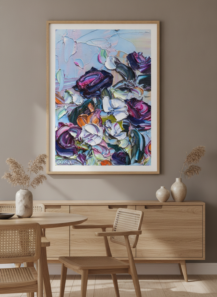 Wall art styled above a dining table in a contemporary home