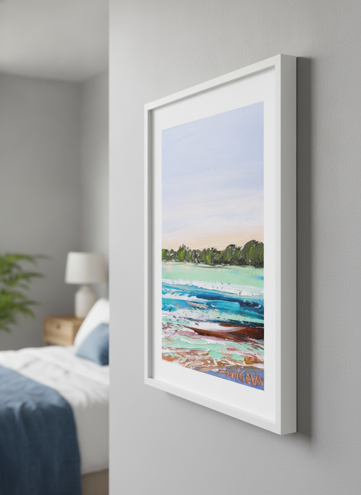 Minimalist artwork displayed in a calm, light-filled bedroom interior