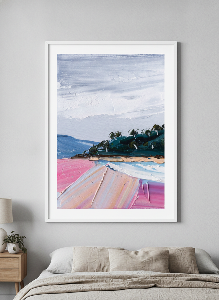 Minimalist artwork displayed in a calm, light-filled bedroom interior