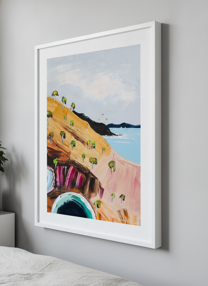 Minimalist artwork displayed in a calm, light-filled bedroom interior