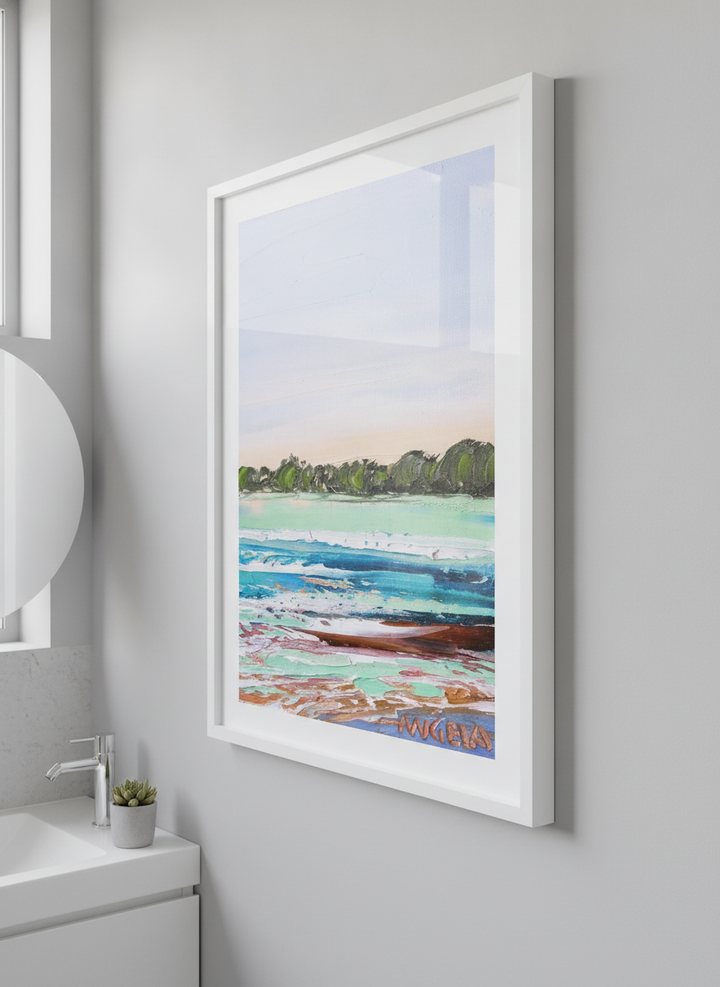 Modern print displayed in a clean minimalist bathroom setting