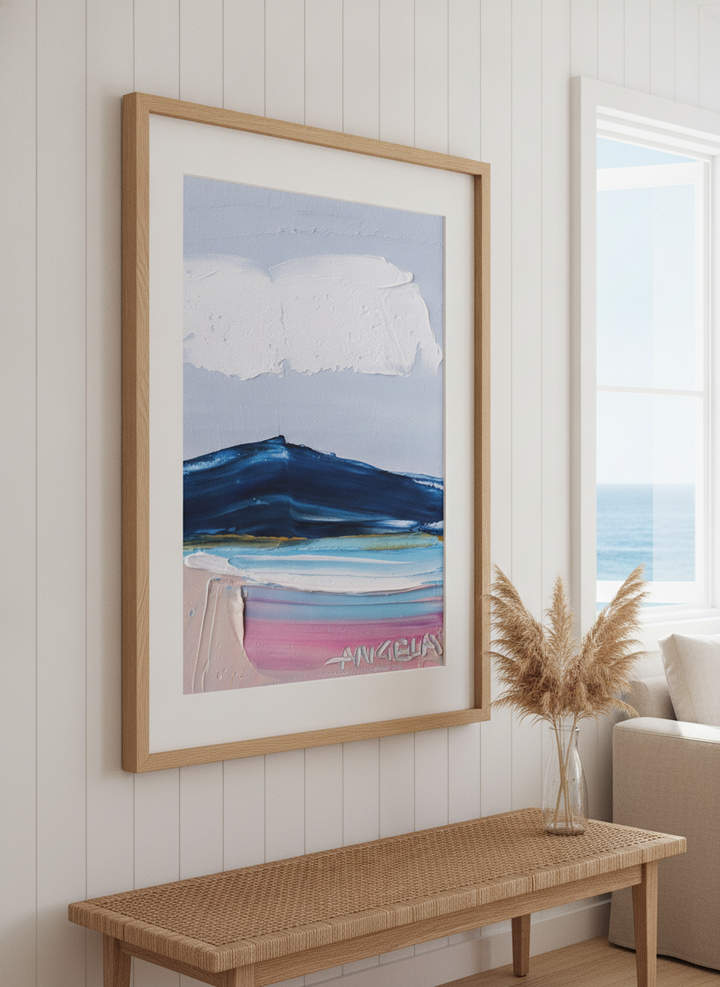 Neutral wall art displayed in a sunny coastal beach house