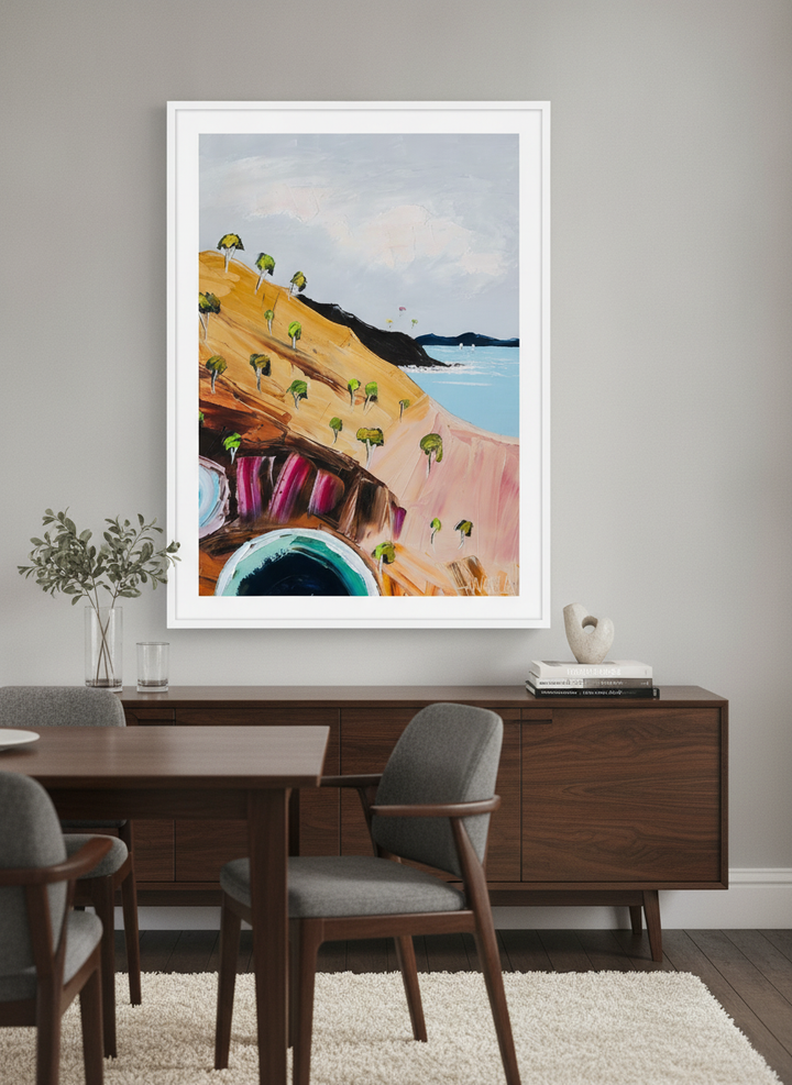 Monumental artwork centred on a feature wall in a luxe interior