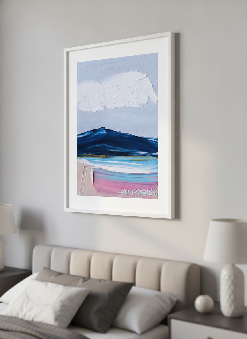 Minimalist artwork displayed in a calm, light-filled bedroom interior