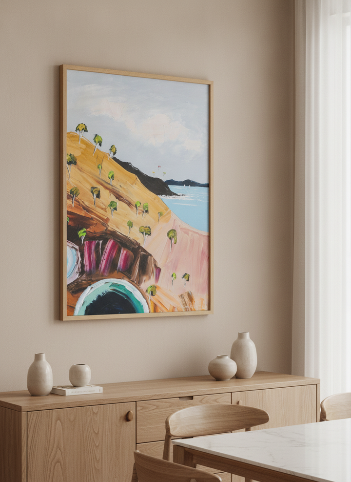 Wall art styled above a dining table in a contemporary home