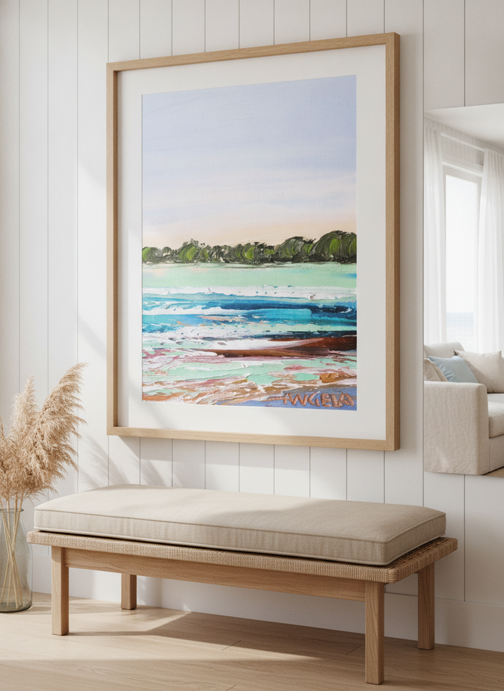 Neutral wall art displayed in a sunny coastal beach house