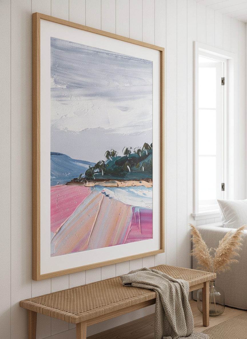 Neutral wall art displayed in a sunny coastal beach house