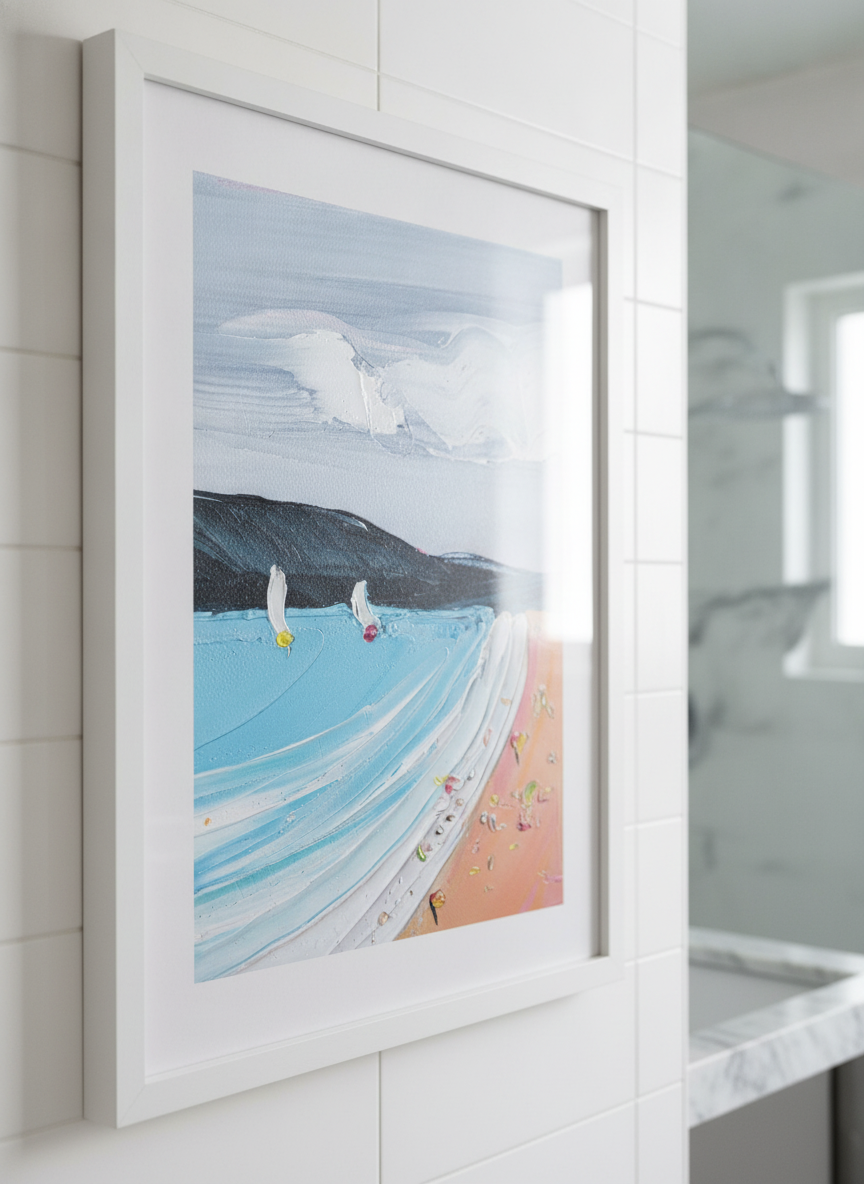 Modern print displayed in a clean minimalist bathroom setting