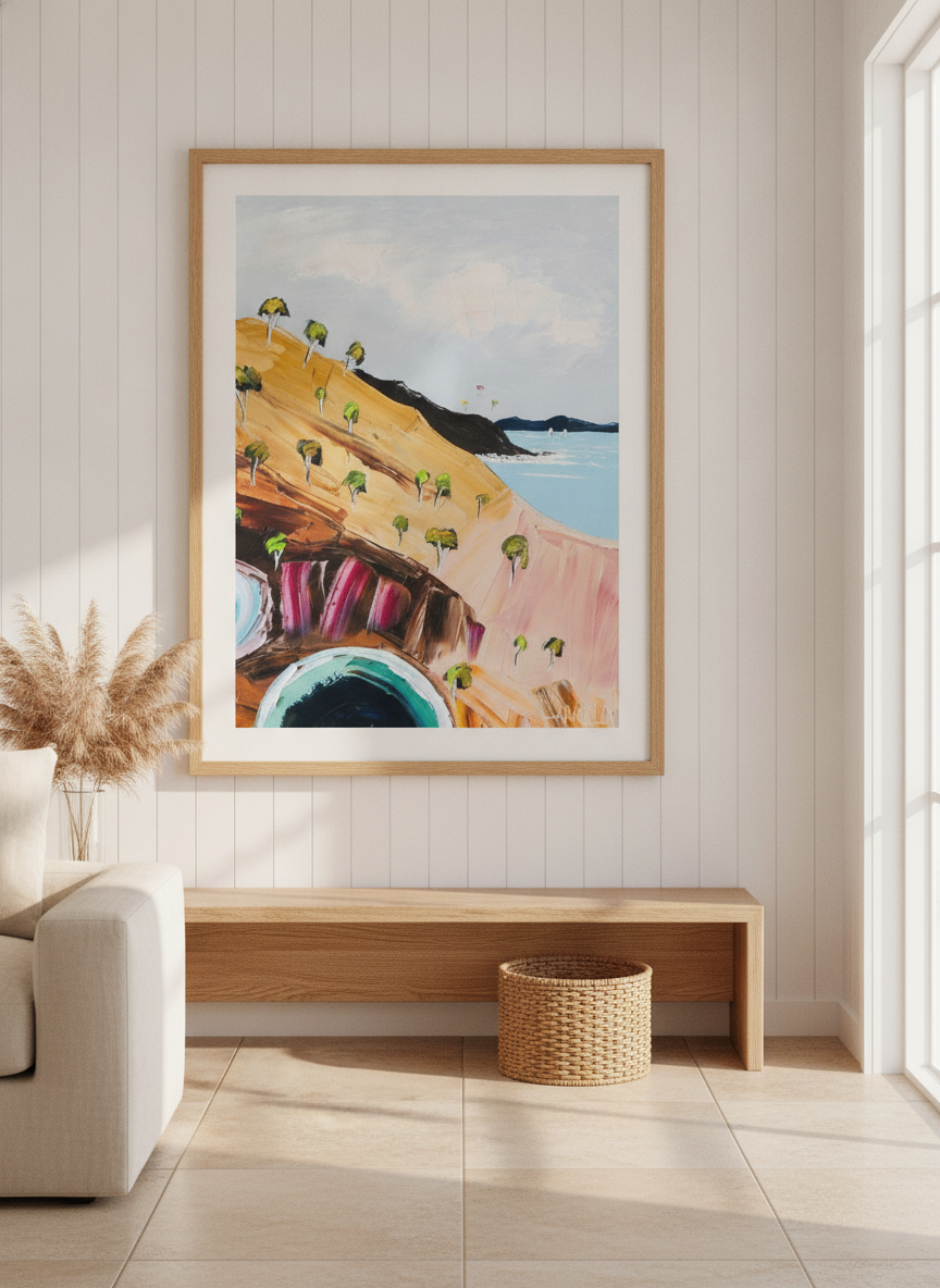Neutral wall art displayed in a sunny coastal beach house