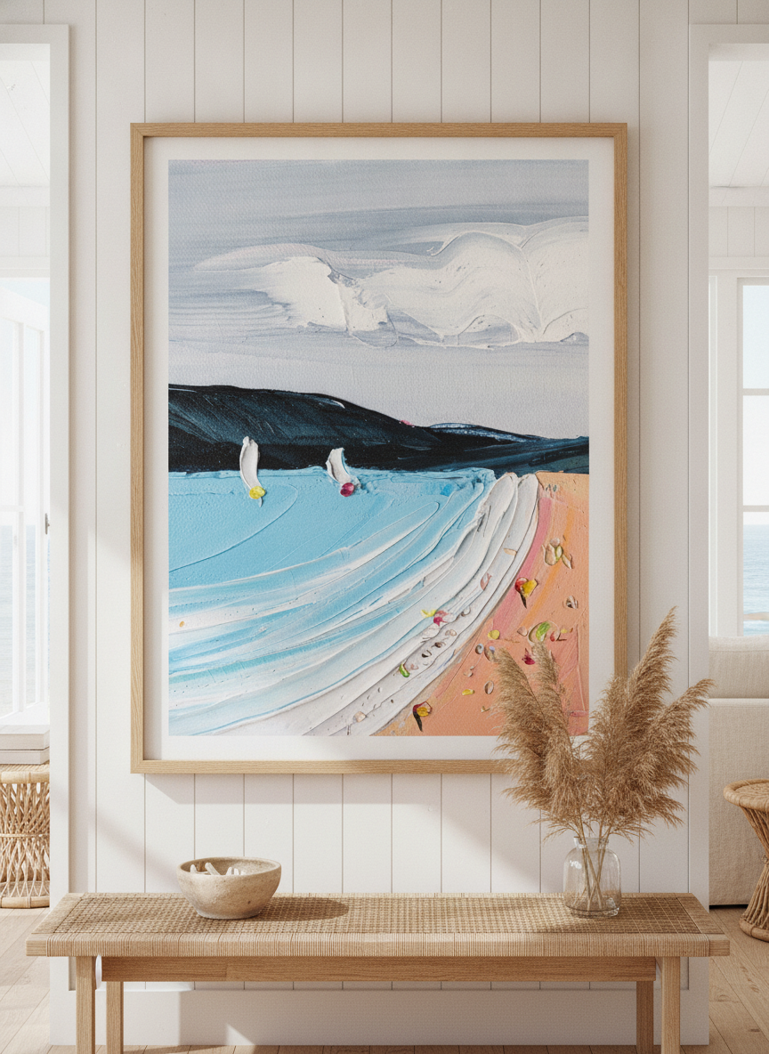 Neutral wall art displayed in a sunny coastal beach house