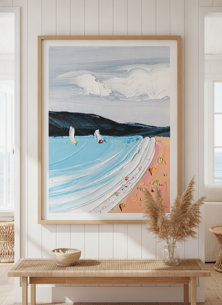 Neutral wall art displayed in a sunny coastal beach house