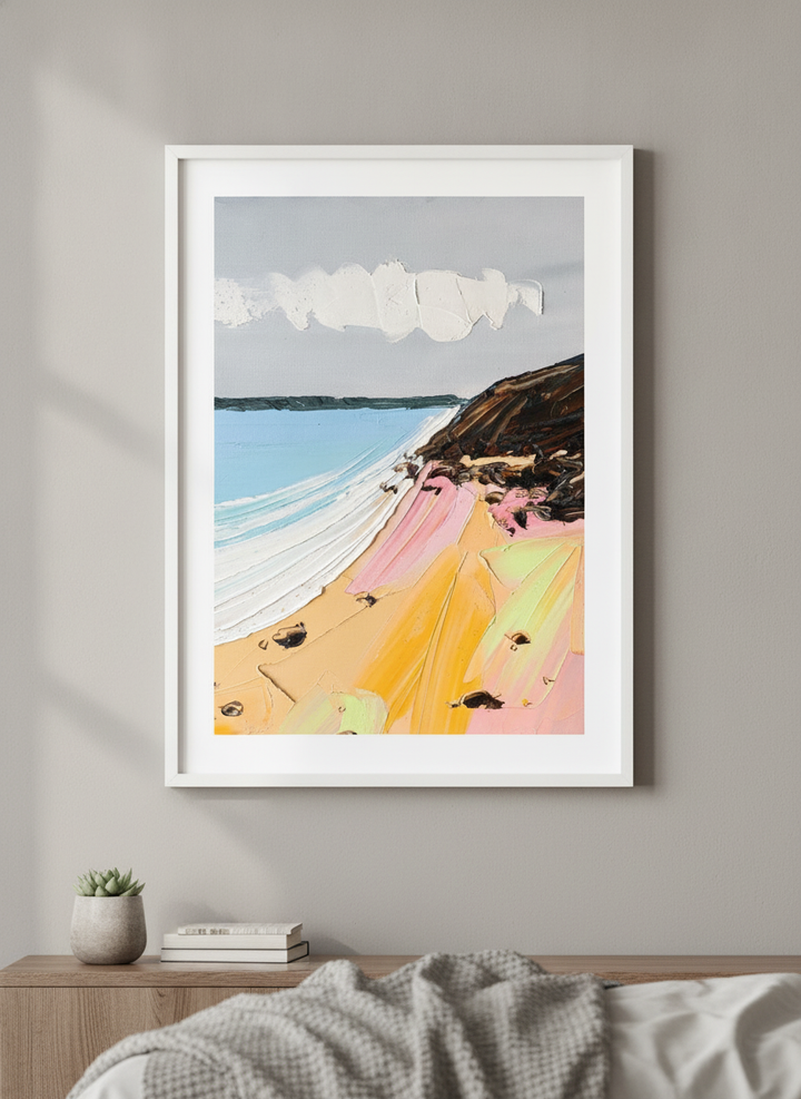 Minimalist artwork displayed in a calm, light-filled bedroom interior