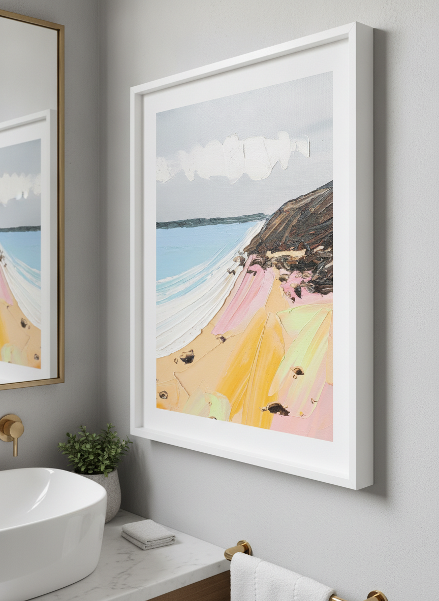 Modern print displayed in a clean minimalist bathroom setting