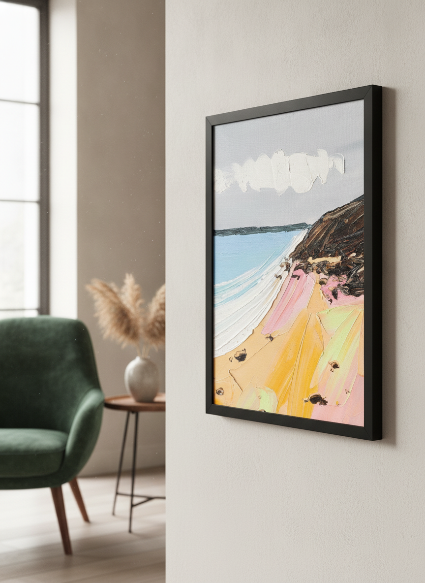 Modern wall art styled above a sofa in a neutral living room