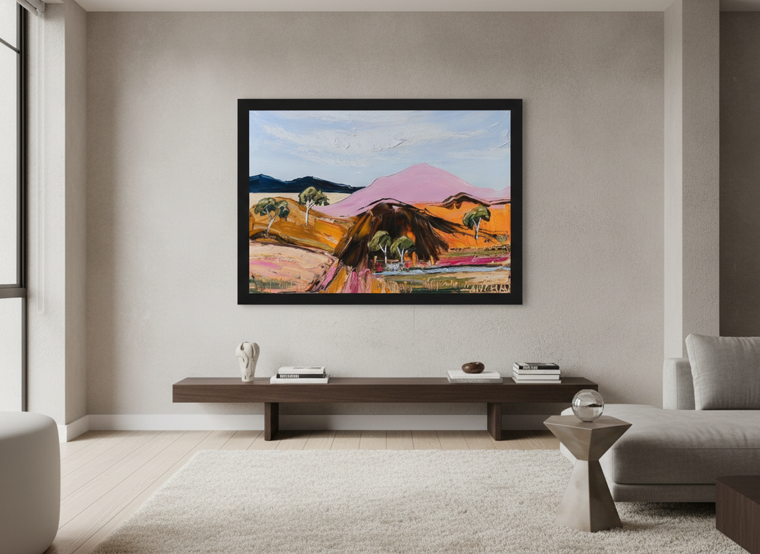 Monumental artwork centred on a feature wall in a luxe interior