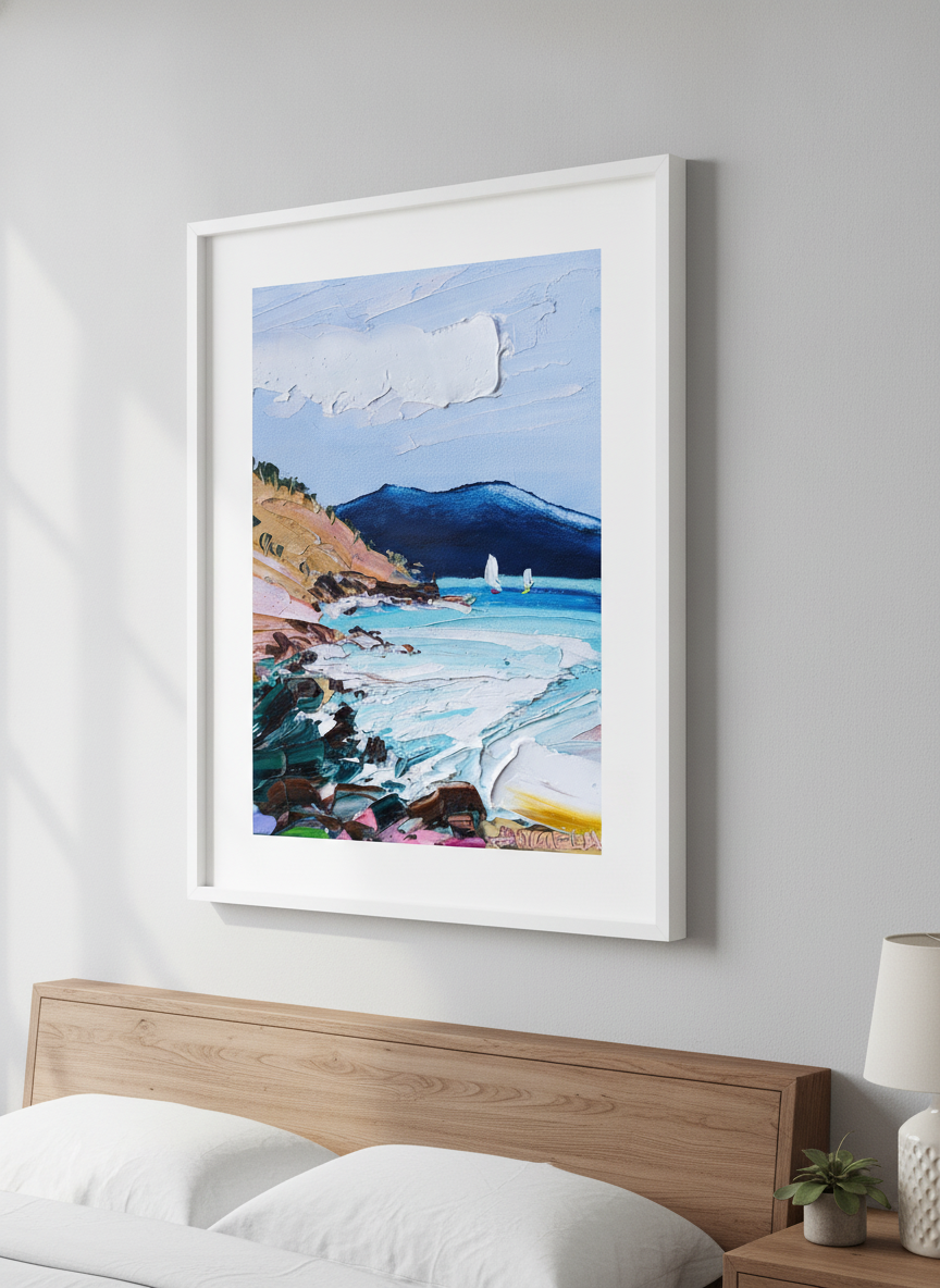 Minimalist artwork displayed in a calm, light-filled bedroom interior