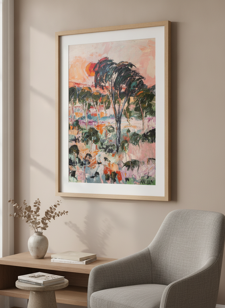 Modern wall art styled above a sofa in a neutral living room