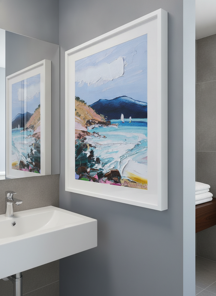 Modern print displayed in a clean minimalist bathroom setting
