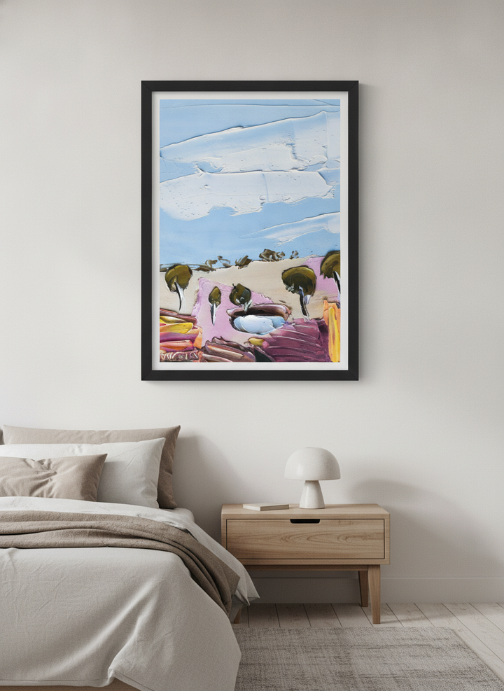 Minimalist artwork displayed in a calm, light-filled bedroom interior