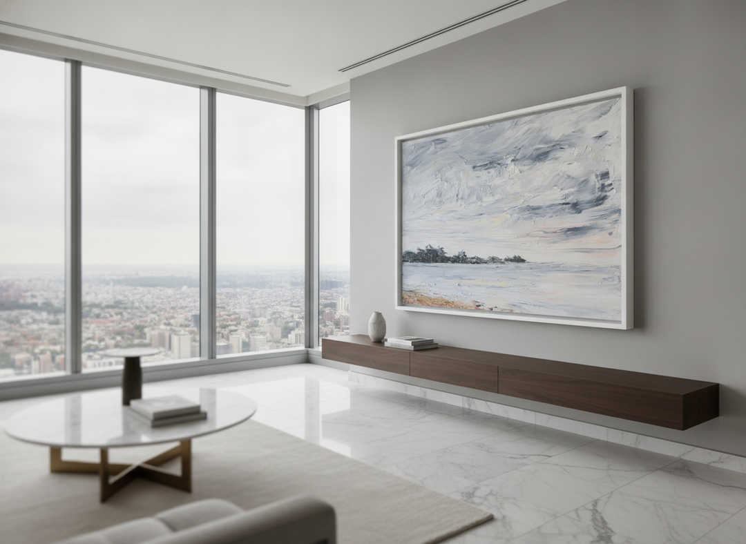 Monumental artwork centred on a feature wall in a luxe interior