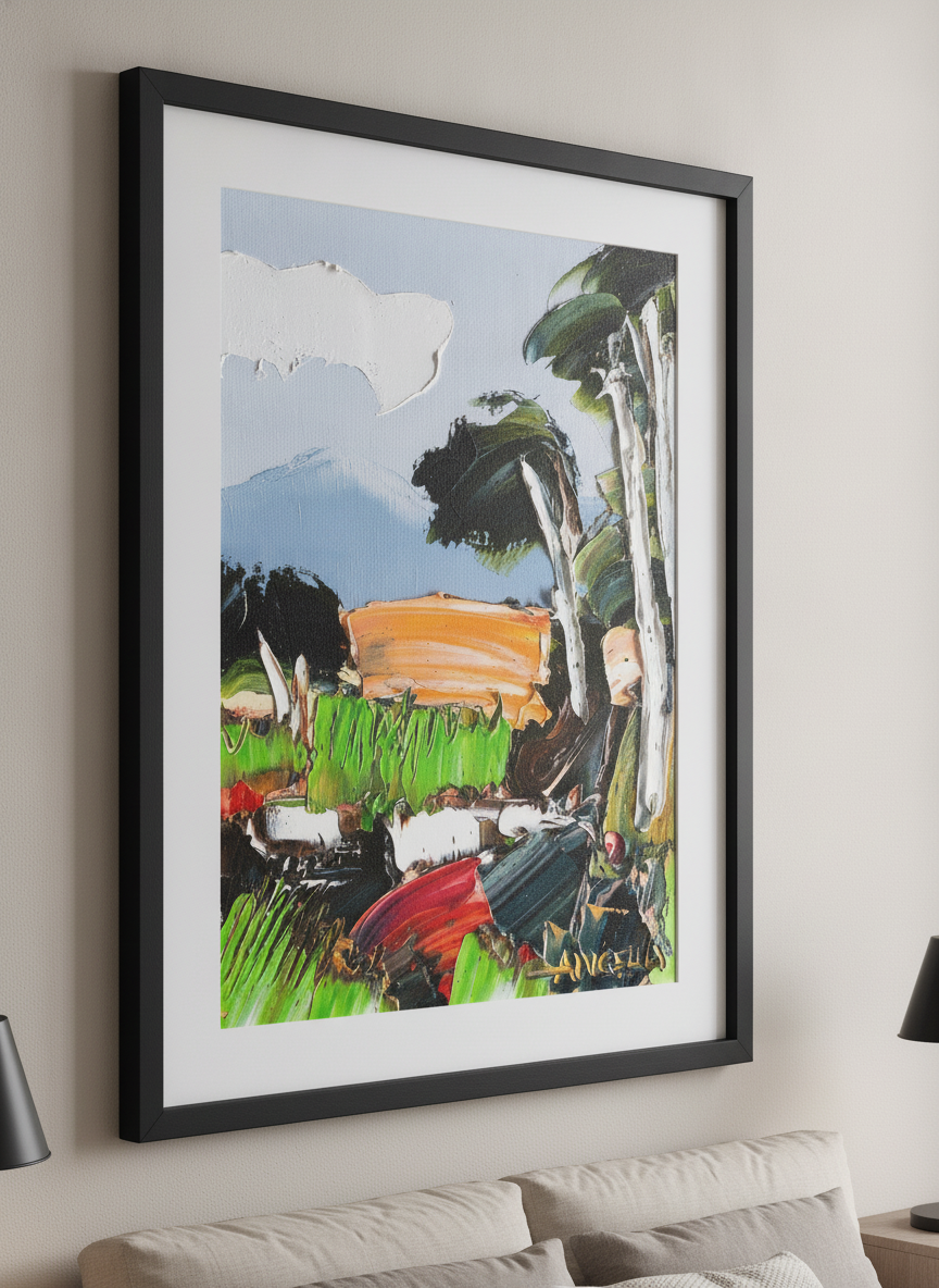 Minimalist artwork displayed in a calm, light-filled bedroom interior