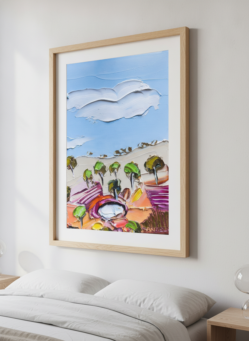 Minimalist artwork displayed in a calm, light-filled bedroom interior