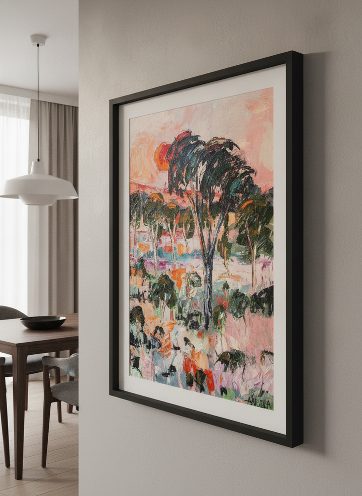 Wall art styled above a dining table in a contemporary home