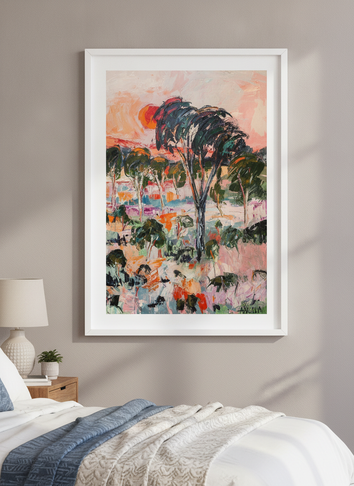 Minimalist artwork displayed in a calm, light-filled bedroom interior