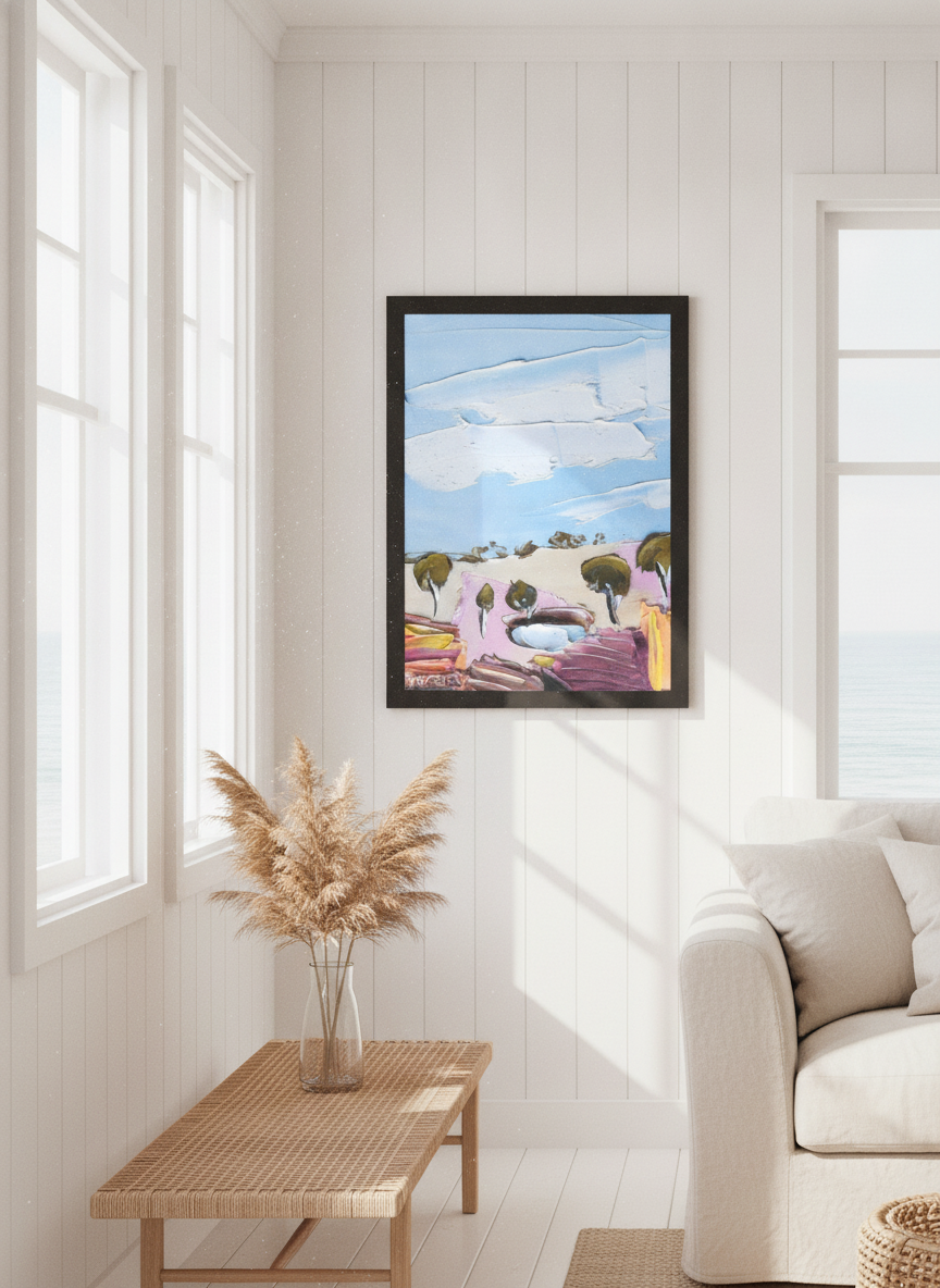 Neutral wall art displayed in a sunny coastal beach house