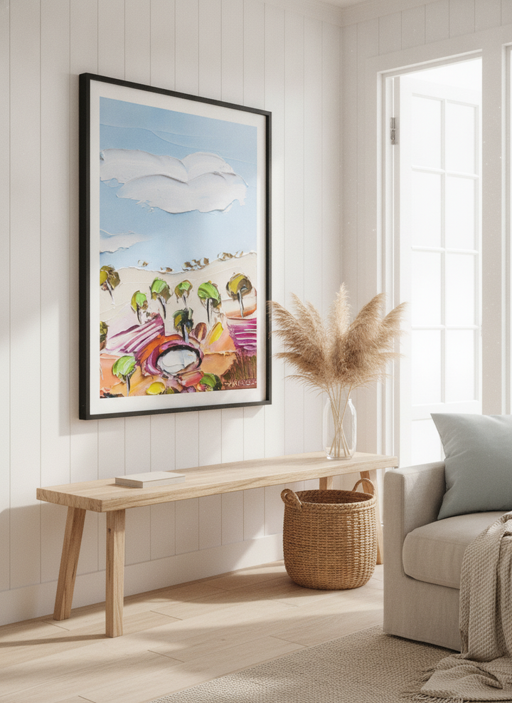 Neutral wall art displayed in a sunny coastal beach house