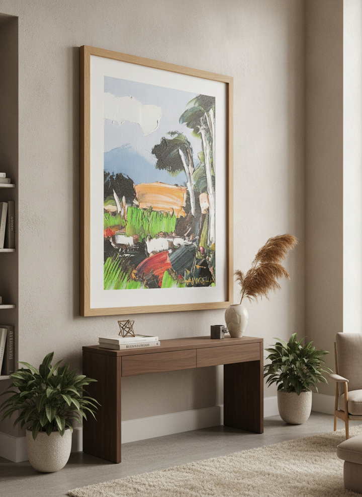 Monumental artwork centred on a feature wall in a luxe interior