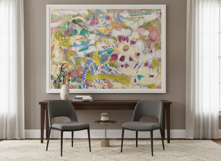 Monumental artwork centred on a feature wall in a luxe interior