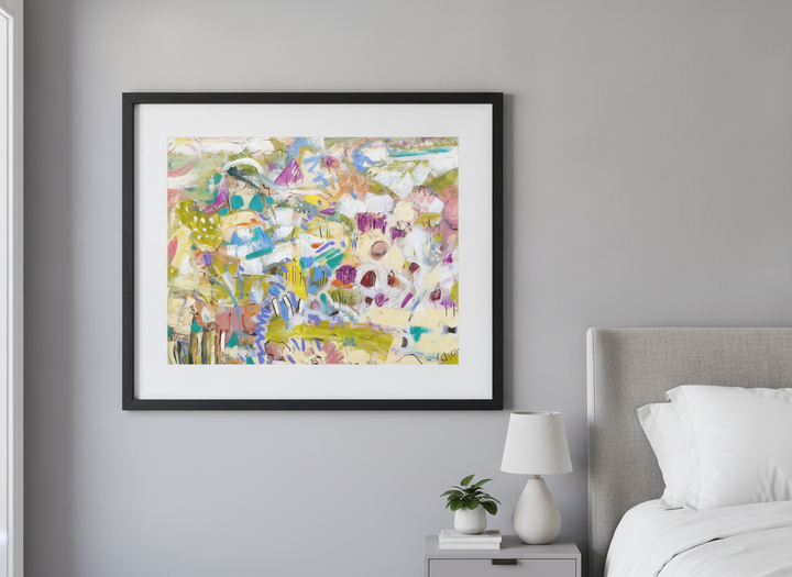 Minimalist artwork displayed in a calm, light-filled bedroom interior